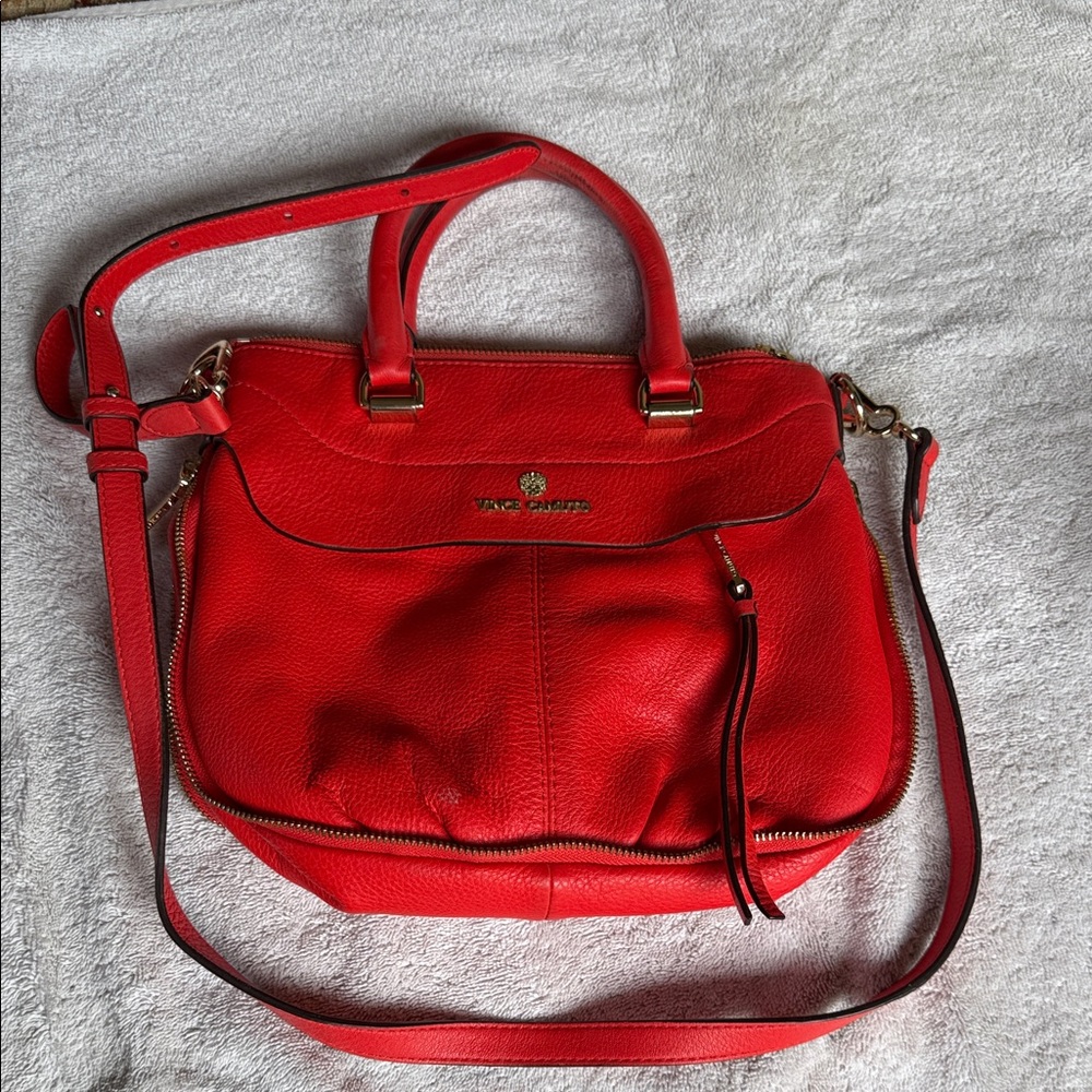 Vince Camuto Vibrant Poppy Shoulder Bag with gold hardware and polka dot lining.